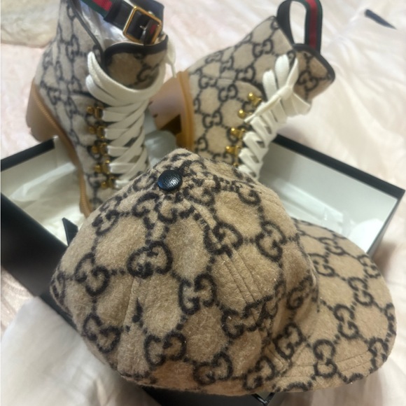 Gucci Shoes - Gucci Beige Monogram Boots and Cap